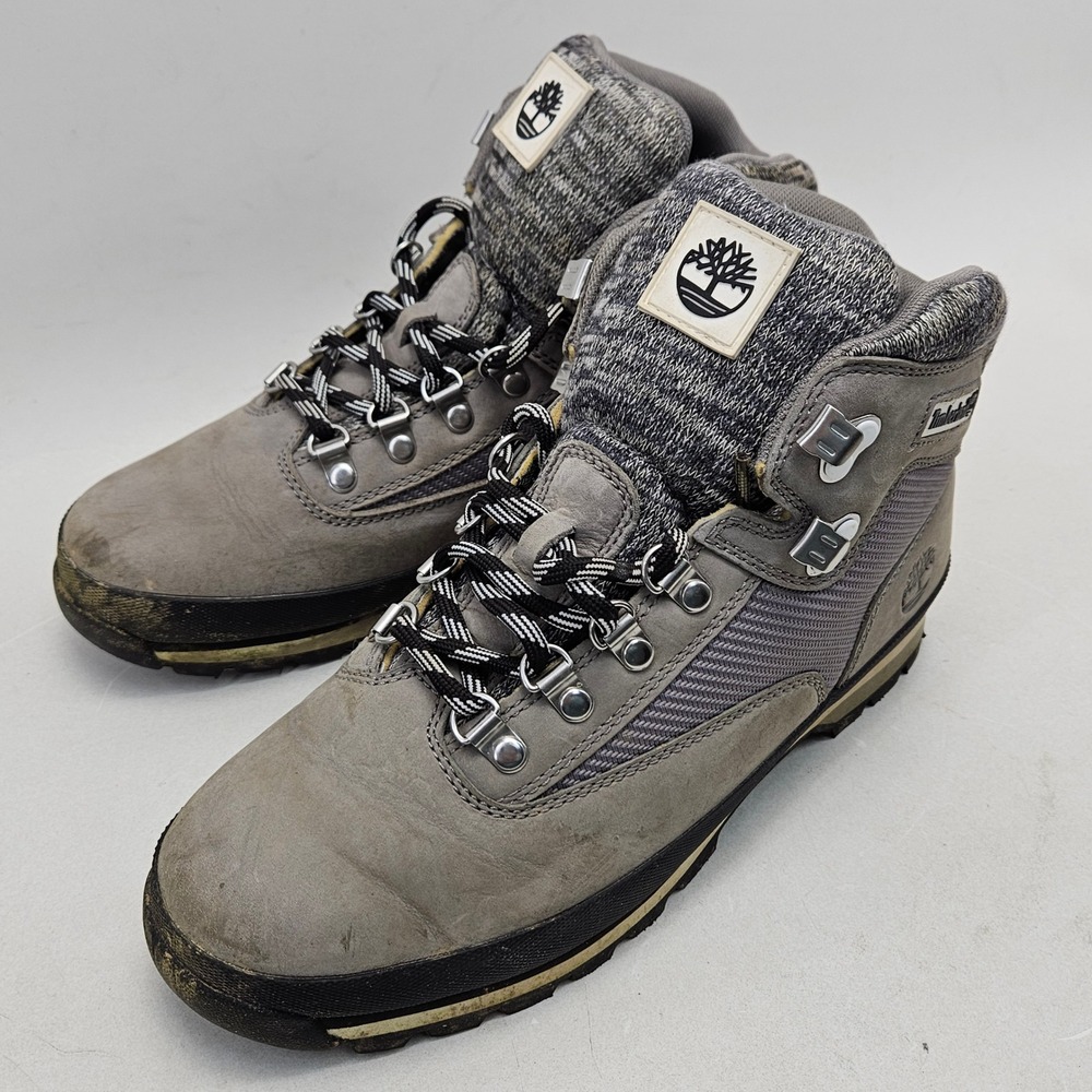 Timberland Euro Hiker Grey Leather Knit Collar Mens Boots A1IA8 Size 8M